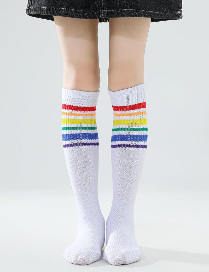 TOCONFFON Knee High Tube Socks for Boys Girls Teens, Kids Soccer School Cotton Uniform Sports Socks 3,4 Pairs(Rainbow Stripe 4 Pairs,8-12) - Image 2